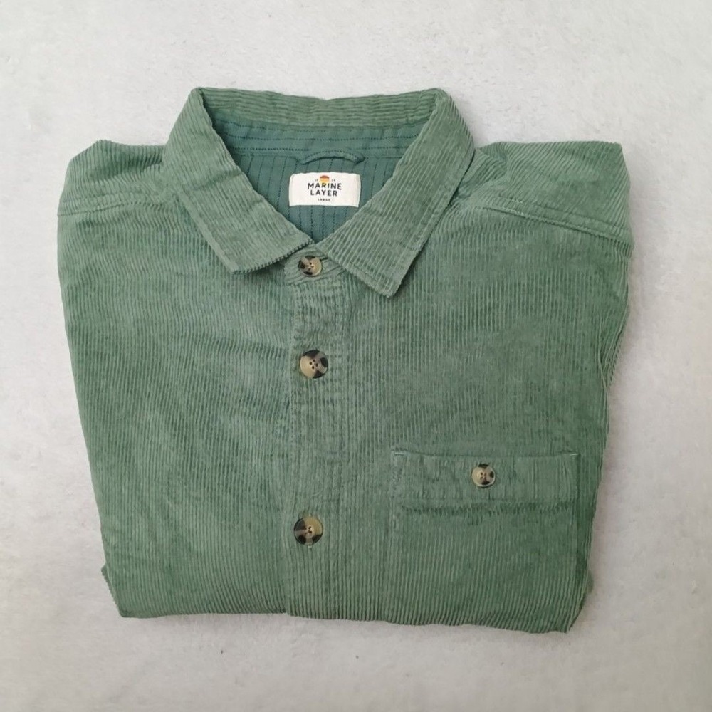 Marine Layer Shirt Mens L Green Corduroy Button Up Max Stretch Overshirt School